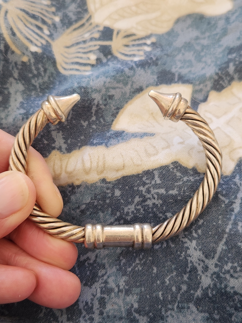 Sterling Silver Solid  Twisted Rope Cuff Bracelet with Pointed Terminals